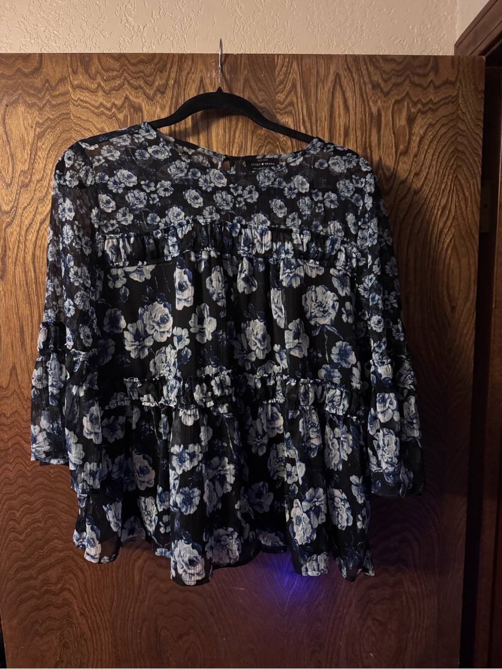 Lucky Brand Black Blouse with Blue Floral Print